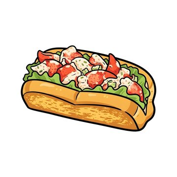 Hand-drawn vector illustration of a fresh New England lobster roll sandwich with chunks of lobster meat and lettuce in a toasted bun.