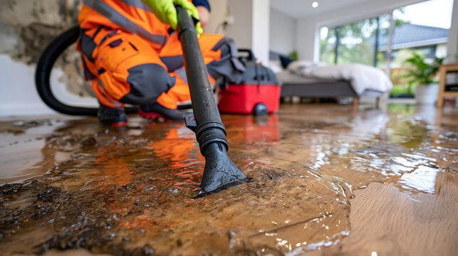 Professional restoration technician cleaning a flooded bedroom with an industrial wet vacuum, standing water covering the floor, moisture damaged walls and household furniture, disaster recovery ser
