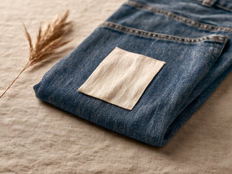 Folded Blue Denim Jeans with Leather Patch on Beige Linen Background