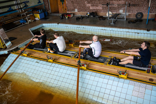 Four male rowers maintain synchronized strokes beside indoor training pool. Repeated pulling tests muscular strength, endurance and teamwork as physical fatigue increases through practice.