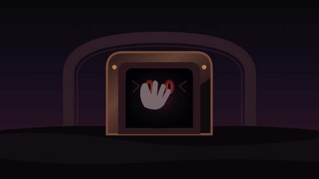 Scary monster hand knocking and opening a spooky wooden door for Halloween animation