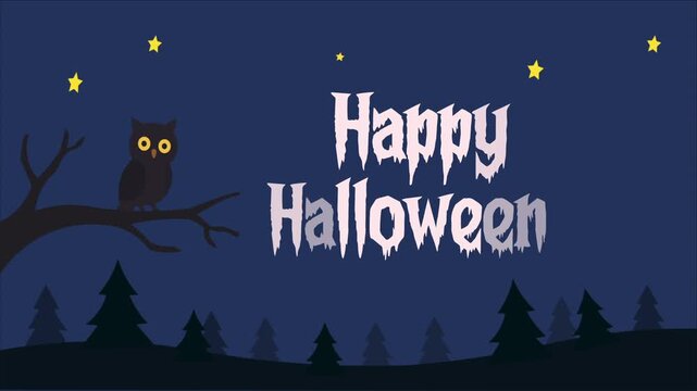 halloween background with haunted house
Happy Halloween flickering text animation video background with owl on branch, night forest, and starry sky loop