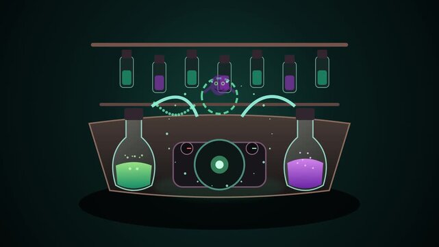 Witch moving laboratory with glowing magic potions and futuristic equipment for Halloween