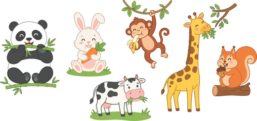 Naklejka premium A collection of cute hand drawn cartoon animals including a panda rabbit monkey giraffe cow and squirrel.