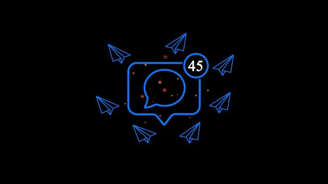 Neon social media notification with flying paper planes motion message chat