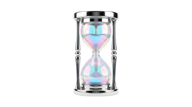 Hourglass with liquid flow and iridescent glass. Metal frame sandglass timer isolated on transparent background