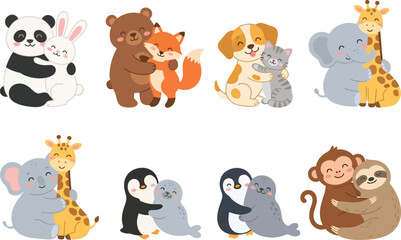 Fototapeta premium A collection of cute cartoon animals hugging each other in pairs.