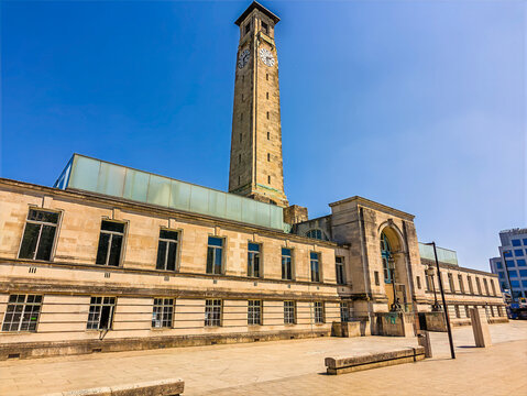 A view towards the Southampton Civic Centre in Southampton, England, in summertime