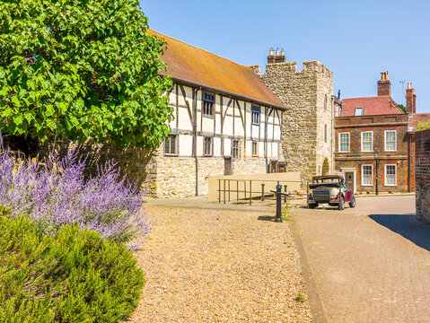 A view towards the medieval Westgate town wall gate in Southampton, England, in summertime