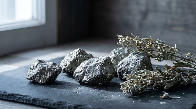 Raw pyrite ore chunks on dark slate representing the rugged spirit of battle born nevada and rich western mining legacy