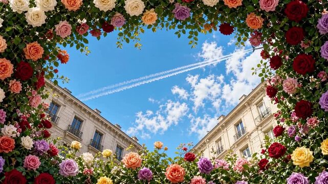 Low angle view of passenger jet flying over classic European buildings, framed by blooming colorful roses, romantic holiday travel concept