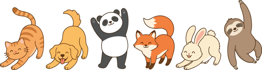 Fototapeta premium A collection of cute cartoon animals including a cat dog panda fox rabbit and sloth.