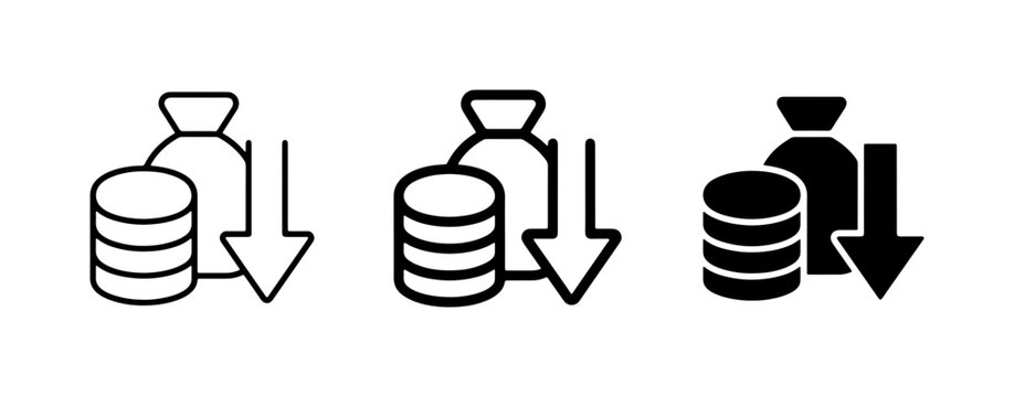 Money Bag and Coins Downward Arrow Icons, Financial Loss and Decrease Symbols