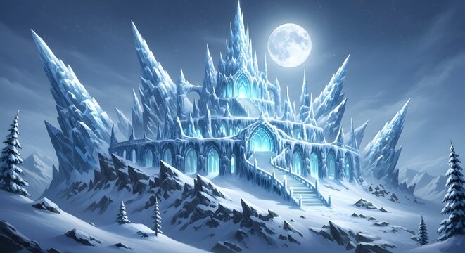 Majestic ice castle glowing under a full moon in a snowy winter landscape at night