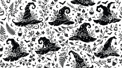 Obraz premium Seamless halloween pattern with silhouettes of witch hats and floral elements halloween seamless silhouette background wallpaper celebration illustration