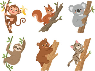 Fototapeta premium A collection of cute cartoon animals climbing trees including a monkey squirrel koala sloth bear and cat.