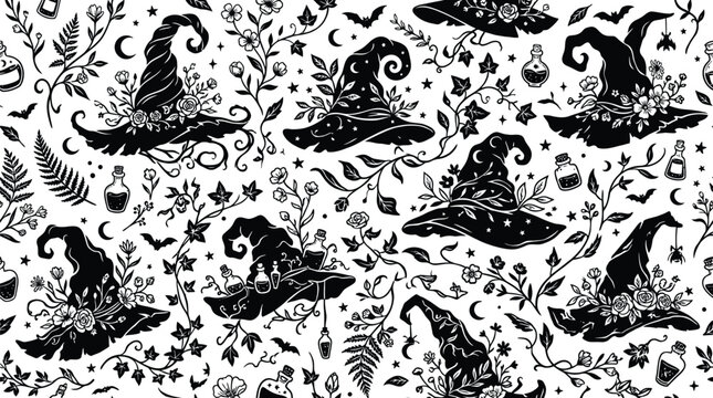 Seamless halloween pattern with silhouettes of witch hats and floral elements halloween seamless silhouette background wallpaper celebration illustration