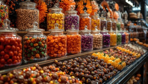 Colorful assortment of halloween candies displayed in glass jars and rows inside a festive store