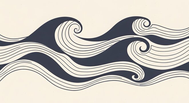 Abstract hand drawn ocean waves pattern with flowing lines in a vintage minimalist graphic style