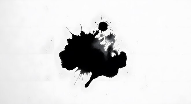 A single large black ink blot with messy splatter edges isolated on a plain white background