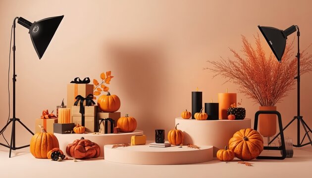 Festive autumn pumpkin display set against professional studio lighting equipment for seasonal product photography marketing concepts