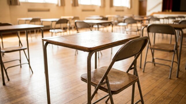 Absence: One Vacant Desk In The Front Row Of A Set Out Exam Hall