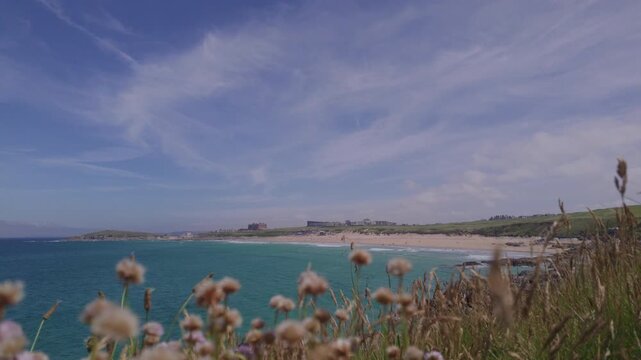 Views over Fistral Beach, Newquay, Cornwall, England on a hot sunny June day.