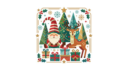 Fototapeta premium Festive Gnome and Reindeer with Gifts and Christmas Trees