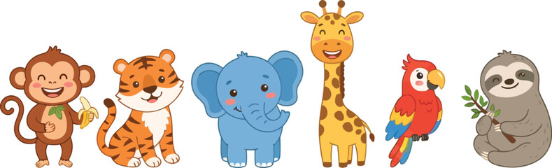 Fototapeta premium A collection of cute cartoon jungle animals standing together in a row.
