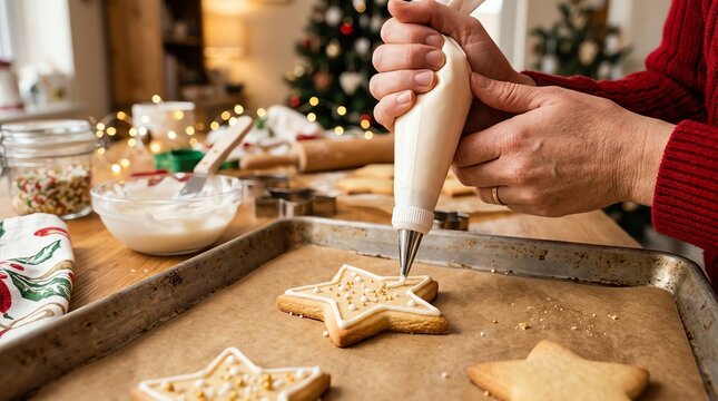 Person decorating star-shaped cookies with icing for Christmas