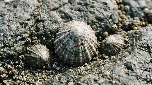 Limpet shells attached to a rough rock surface near the ocean.