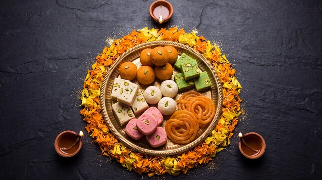 Diwali 2026 traditional indian sweets with diya lamps, flat lay