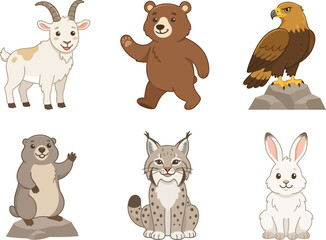 Fototapeta premium A collection of cute cartoon animals including a goat bear eagle marmot lynx and rabbit.