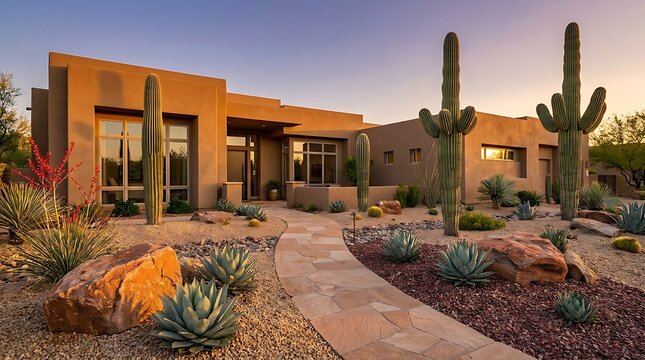 Modern luxury desert home exterior with large saguaro cacti at sunset in a beautiful arizona landscape. arizona front yard