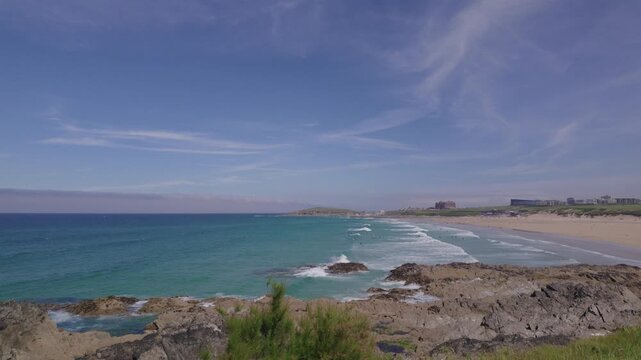 Views over Fistral Beach, Newquay, Cornwall, England on a hot sunny June day.