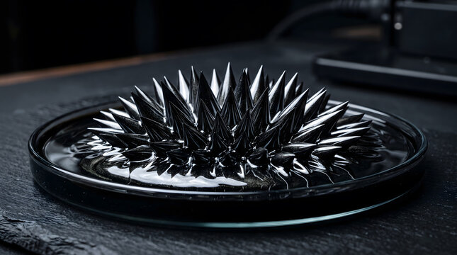 Extreme macro photograph of magnetic ferrofluid creating sharp geometric liquid spikes on mirror metal