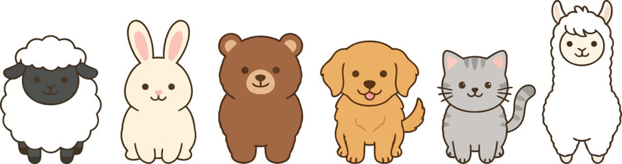 Fototapeta premium A collection of cute cartoon animals including a sheep rabbit bear dog cat and llama.