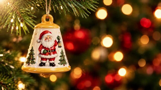 Vintage ceramic Santa Claus bell ornament hanging on Christmas tree, red and golden bokeh background with copy space