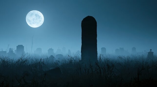 Eerie nighttime cemetery scene with tall tombstone silhouette and bright full moon shining over foggy landscape and distant city skyline