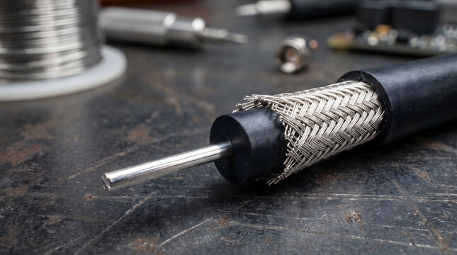 Extreme macro view of high frequency coaxial cable core wire showing silver plated copper braid strands