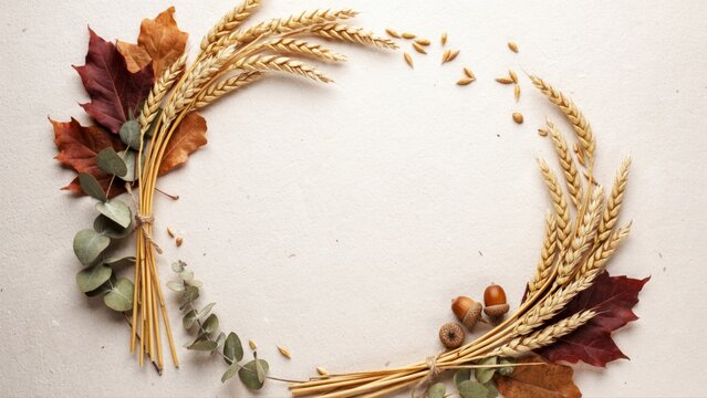 Autumn wreath frame with wheat stalks, dried leaves, and acorns