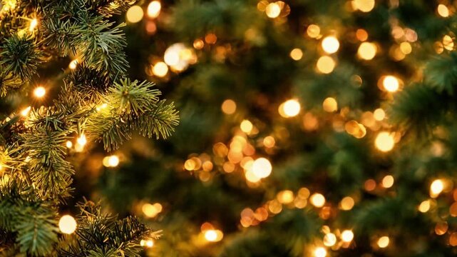 Christmas tree green branch with golden bokeh lights background and copy space for text, festive holiday concept