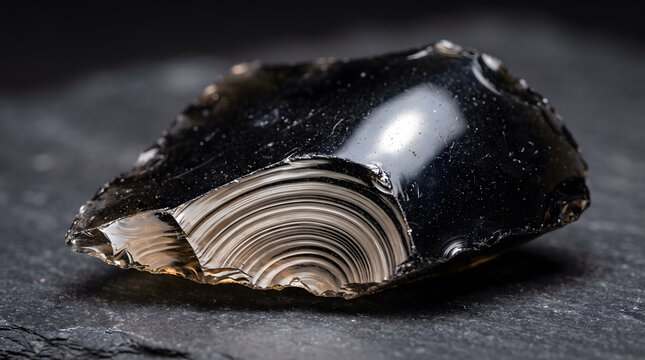 Macro photograph of a polished obsidian stone edge showing sharp razor thin conchoidal volcanic glass fractures