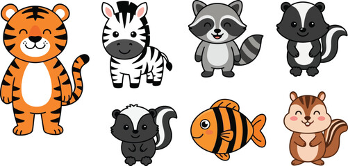 Fototapeta premium A collection of cute cartoon animals including a tiger zebra raccoon skunk and fish.