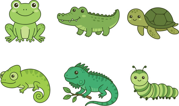 A collection of cute green cartoon animals including a frog crocodile turtle chameleon lizard and caterpillar.