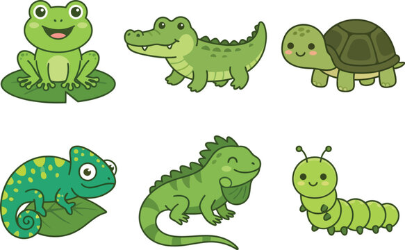 A collection of cute green cartoon animals including a frog crocodile turtle chameleon iguana and caterpillar.