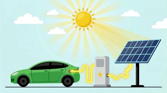 Solar panel charging green electric car, eco friendly EV with charging station illustration, sustainable transport concept