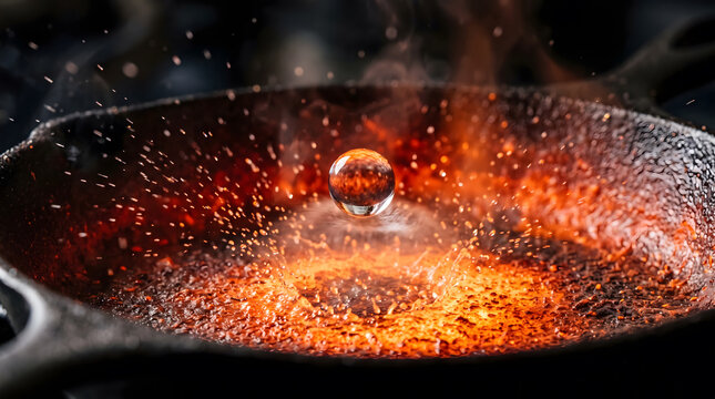 Macro close up shot of a drop of water impacting red hot cast iron skillet causing instantaneous boiling micro steam sphere