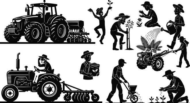 Farming and Agriculture Vector Silhouette Set featuring Modern and Vintage Tractors, Walk Behind Tiller, Seeder, and Farmers Working in Field