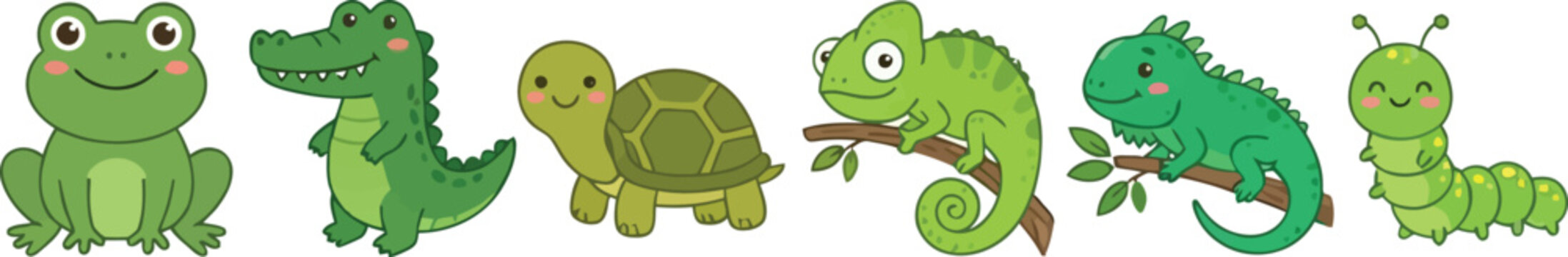 A collection of cute green cartoon animals including a frog crocodile turtle chameleon lizard and caterpillar.